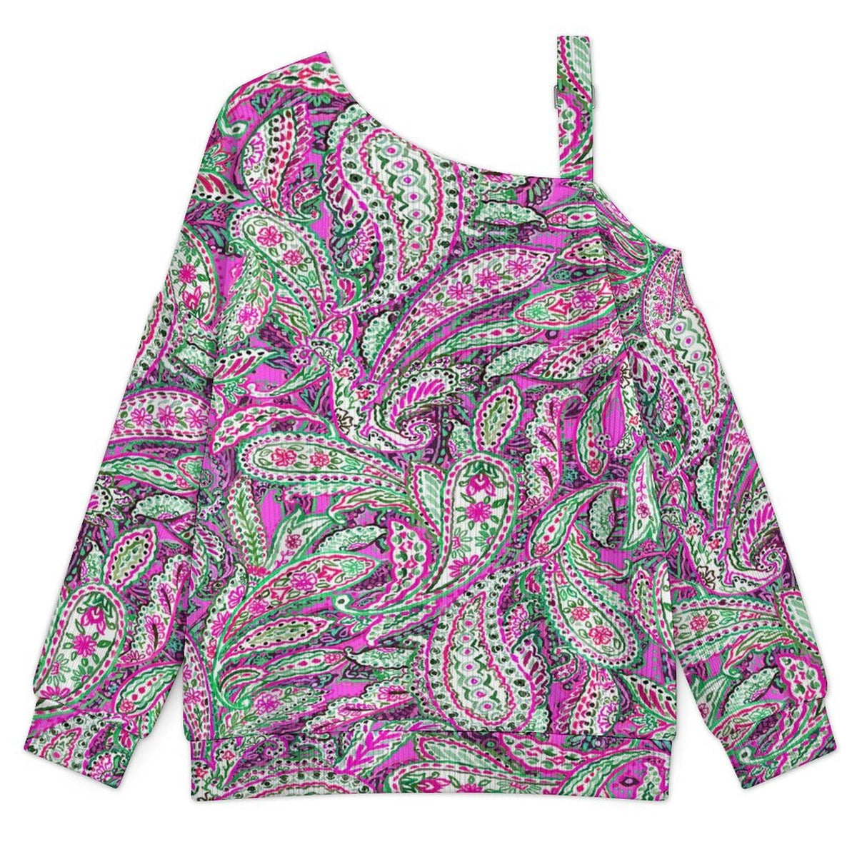 Fall Casual Asymmetric Shoulder Knit Top with Buckle Detail Paisley