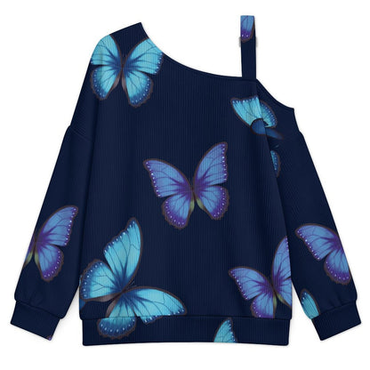 Off-the-shoulder Sweater Blue Morpho Butterfly Tile Decorative Pattern  Asymmetric Cold Shoulder Knit Sweater for Women, Adjustable Buckle Strap Long Sleeve Casual Slouchy Pullover