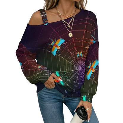 Off-the-shoulder Sweater Glowing Insects, Spider Webs  Asymmetric Cold Shoulder Knit Sweater for Women, Adjustable Buckle Strap Long Sleeve Casual Slouchy Pullover