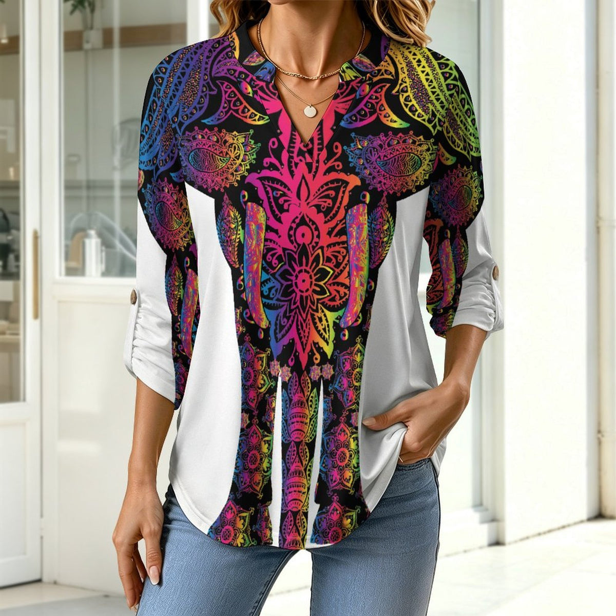 Stand-up Collar Long-sleeved Shirt Vintage Lines, Elephants  Customization Women’s V-Neck Blouses,long Sleeve,Roll-Up Sleeve Shirt