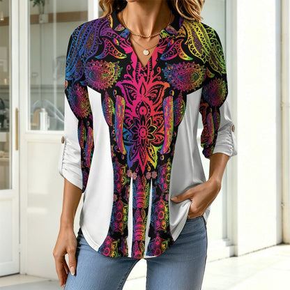 Stand-up Collar Long-sleeved Shirt Vintage Lines, Elephants  Customization Women’s V-Neck Blouses,long Sleeve,Roll-Up Sleeve Shirt