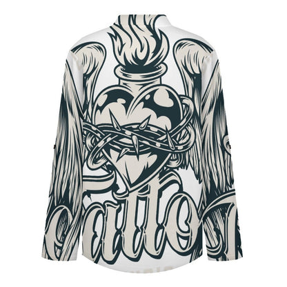 Stand-up Collar Long-sleeved Shirt Heart, Angel, Wings  Customization Women’s V-Neck Blouses,long Sleeve,Roll-Up Sleeve Shirt