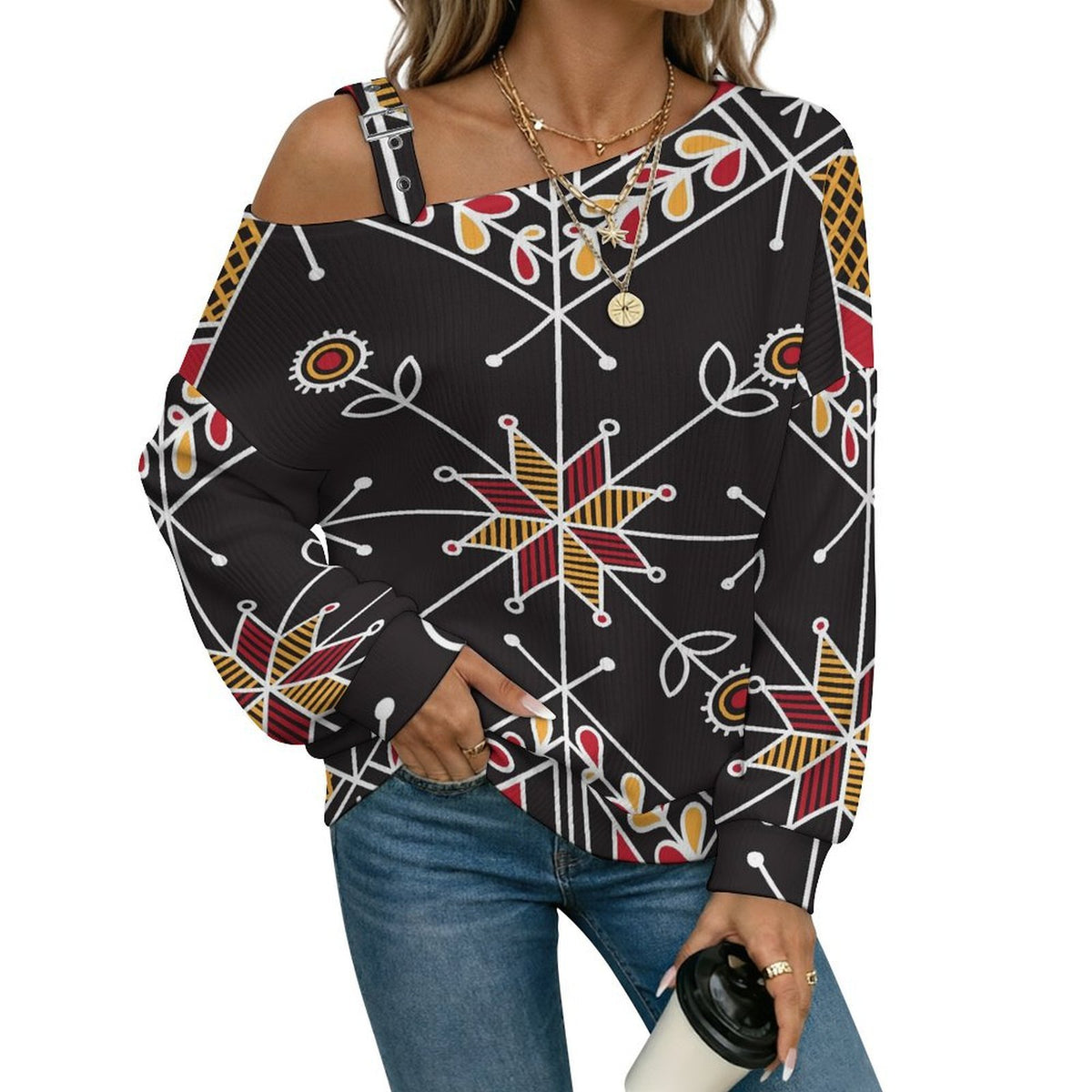 Off-the-shoulder Sweater Pattern  Asymmetric Cold Shoulder Knit Sweater for Women, Adjustable Buckle Strap Long Sleeve Casual Slouchy Pullover