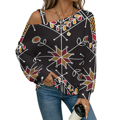 Off-the-shoulder Sweater Pattern  Asymmetric Cold Shoulder Knit Sweater for Women, Adjustable Buckle Strap Long Sleeve Casual Slouchy Pullover
