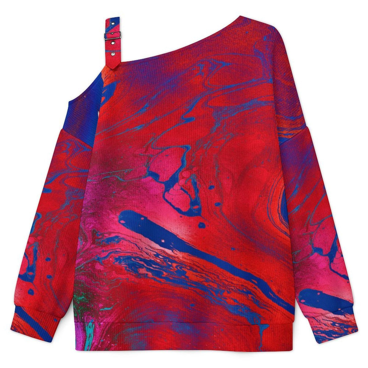Off-the-shoulder Sweater Red, Blue Water Ripple  Asymmetric Cold Shoulder Knit Sweater for Women, Adjustable Buckle Strap Long Sleeve Casual Slouchy Pullover