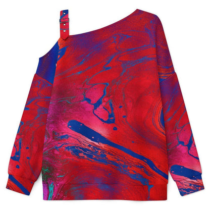 Off-the-shoulder Sweater Red, Blue Water Ripple  Asymmetric Cold Shoulder Knit Sweater for Women, Adjustable Buckle Strap Long Sleeve Casual Slouchy Pullover