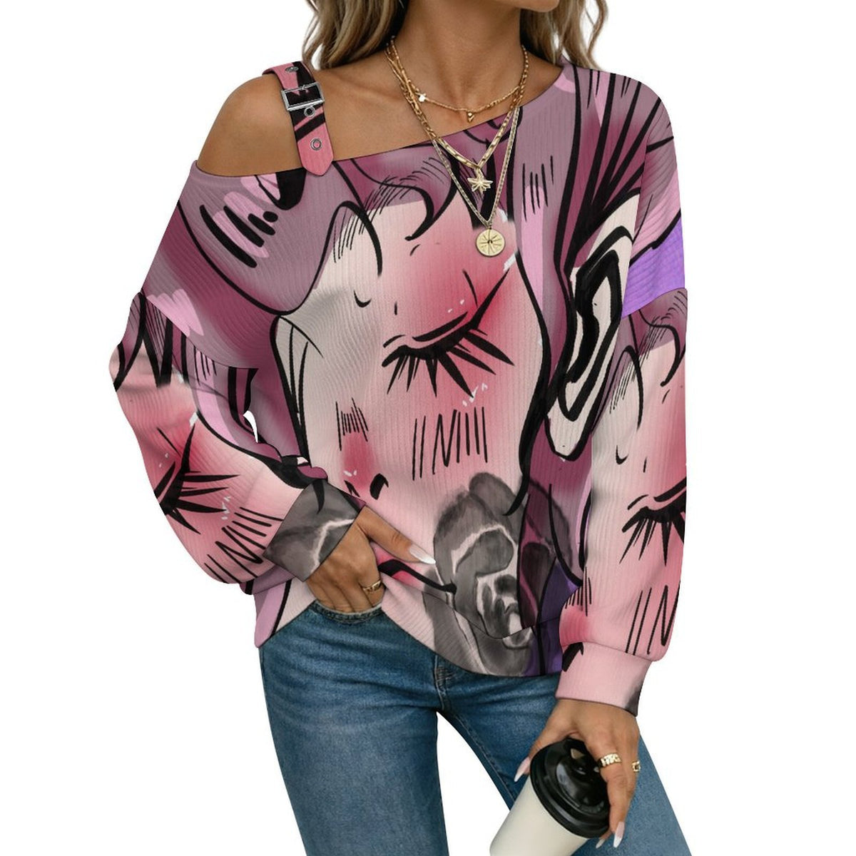 Off-the-shoulder Sweater Rose Girl,cool Girl  Asymmetric Cold Shoulder Knit Sweater for Women, Adjustable Buckle Strap Long Sleeve Casual Slouchy Pullover