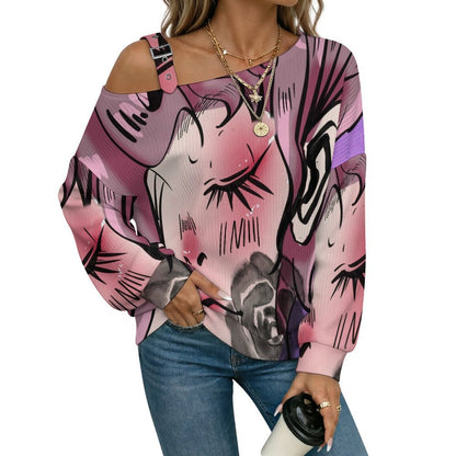 Off-the-shoulder Sweater Rose Girl,cool Girl  Asymmetric Cold Shoulder Knit Sweater for Women, Adjustable Buckle Strap Long Sleeve Casual Slouchy Pullover