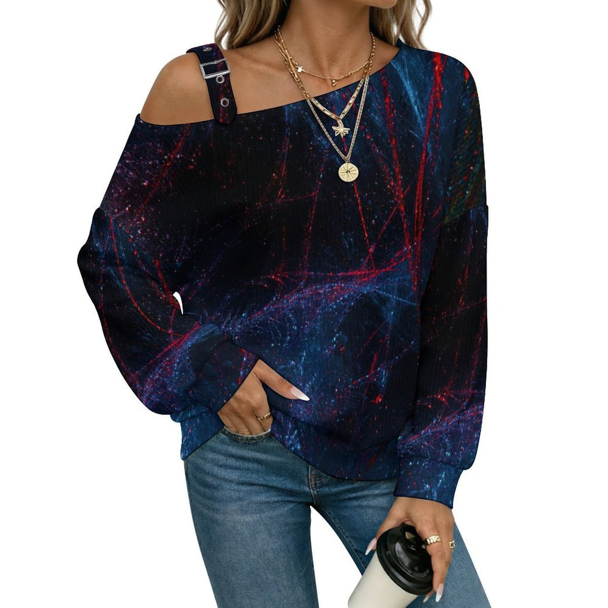 Off-the-shoulder Sweater Science And Technology  Asymmetric Cold Shoulder Knit Sweater for Women, Adjustable Buckle Strap Long Sleeve Casual Slouchy Pullover