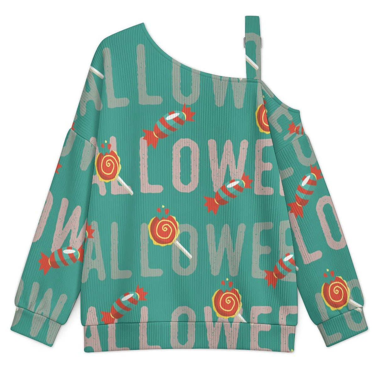 Fall Casual Asymmetric Shoulder Knit Top with Buckle Detail Halloween Candy, Sweetheart, Snacks