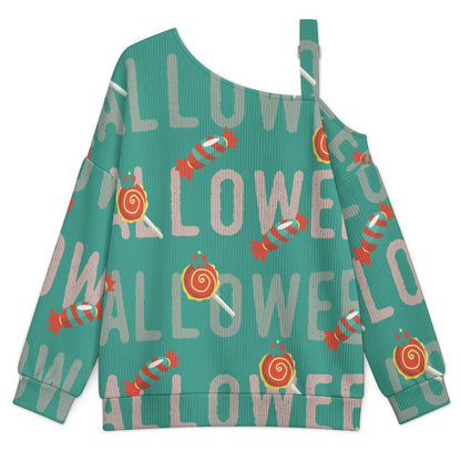 Fall Casual Asymmetric Shoulder Knit Top with Buckle Detail Halloween Candy, Sweetheart, Snacks