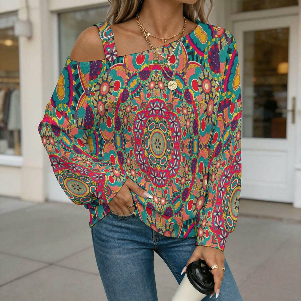 Fall Casual Asymmetric Shoulder Knit Top with Buckle Detail Summer, Surfing, Seaside