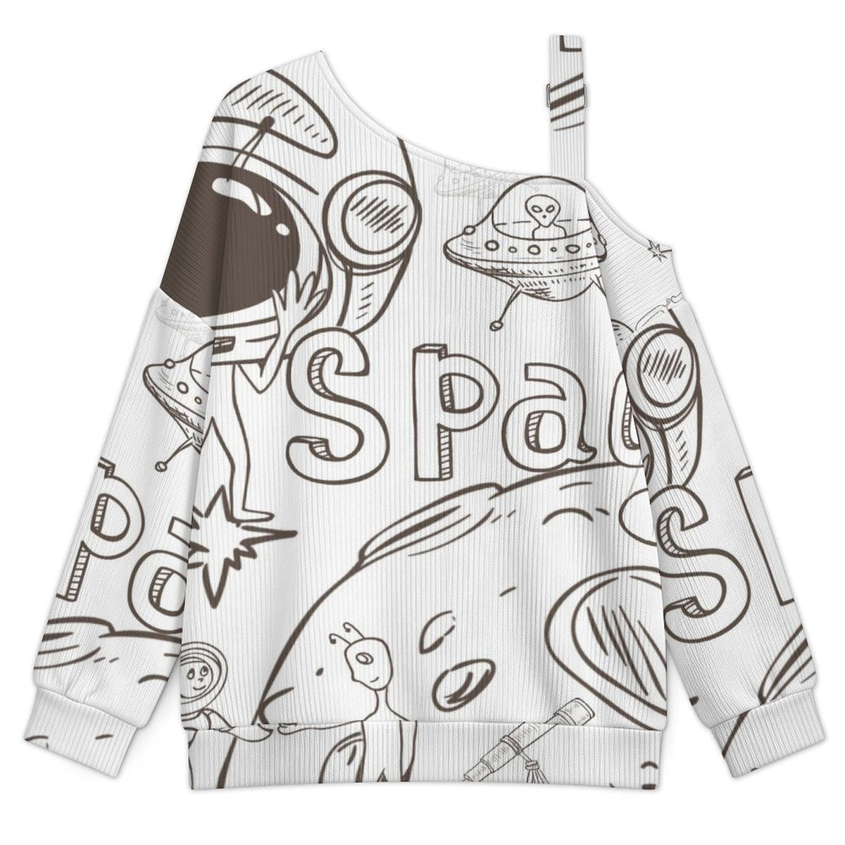 Off-the-shoulder Sweater Simple Sketch, Outer Space, Aliens, Little Monsters  Asymmetric Cold Shoulder Knit Sweater for Women, Adjustable Buckle Strap Long Sleeve Casual Slouchy Pullover