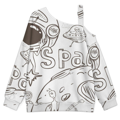 Off-the-shoulder Sweater Simple Sketch, Outer Space, Aliens, Little Monsters  Asymmetric Cold Shoulder Knit Sweater for Women, Adjustable Buckle Strap Long Sleeve Casual Slouchy Pullover