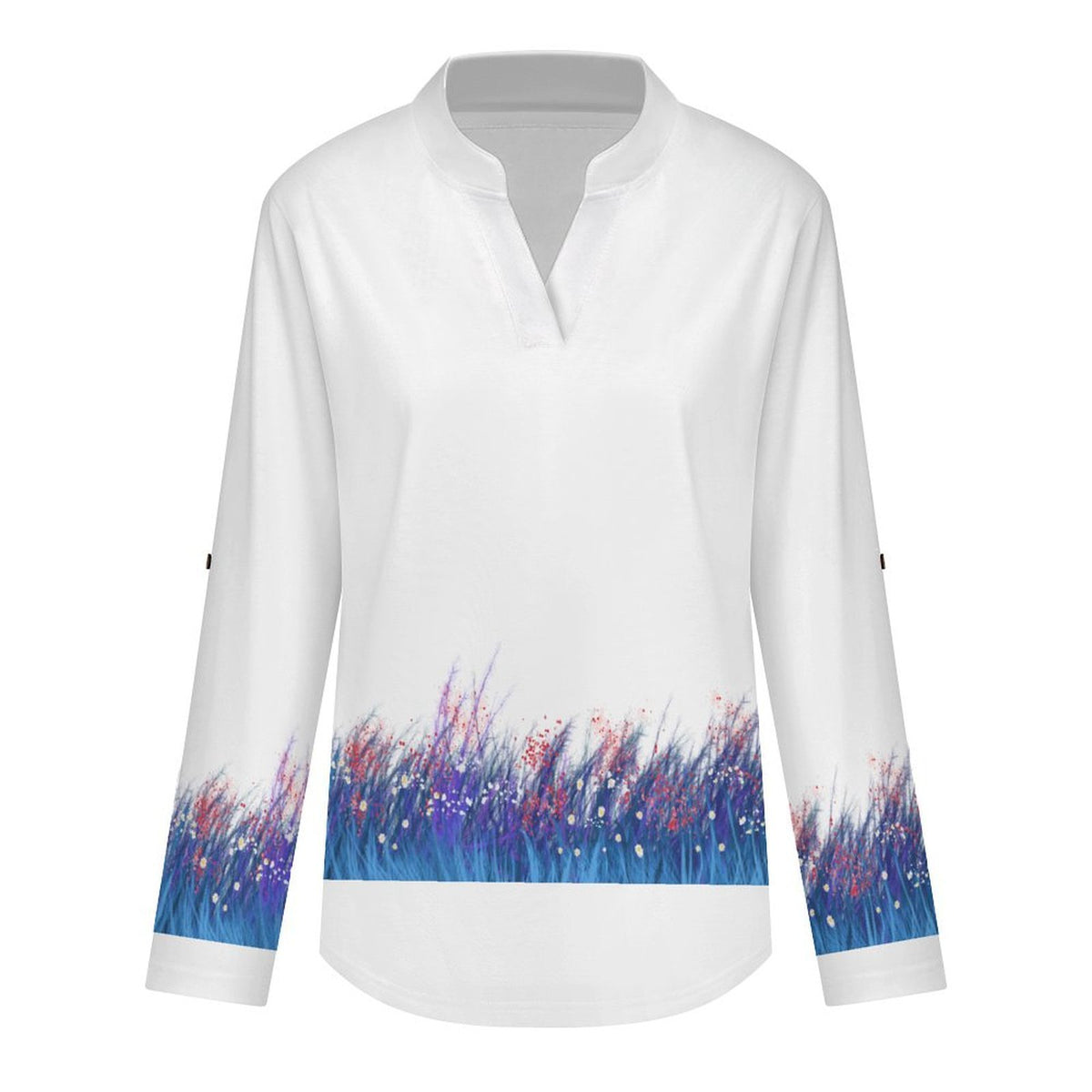 Stand-up Collar Long-sleeved Shirt Blue, Grass  Customization Women’s V-Neck Blouses,long Sleeve,Roll-Up Sleeve Shirt