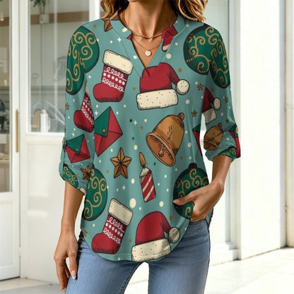 Stand-up Collar Long-sleeved Shirt Merry Christmas  Customization Women’s V-Neck Blouses,long Sleeve,Roll-Up Sleeve Shirt