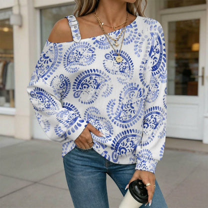 Off-the-shoulder Sweater Blue Paisley Pattern  Asymmetric Cold Shoulder Knit Sweater for Women, Adjustable Buckle Strap Long Sleeve Casual Slouchy Pullover
