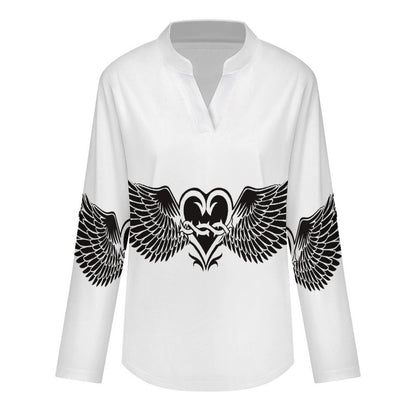 Stand-up Collar Long-sleeved Shirt Heart Shape, Wings  Customization Women’s V-Neck Blouses,long Sleeve,Roll-Up Sleeve Shirt