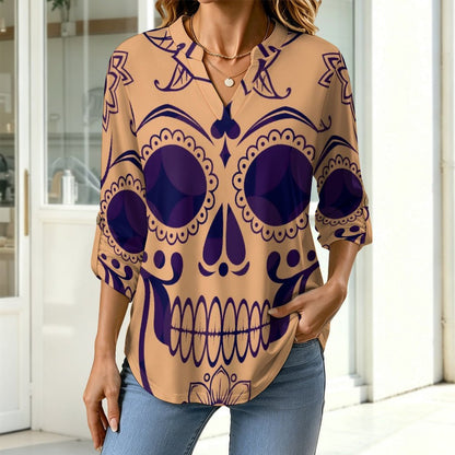 Stand-up Collar Long-sleeved Shirt Skull, Pattern  Customization Women’s V-Neck Blouses,long Sleeve,Roll-Up Sleeve Shirt
