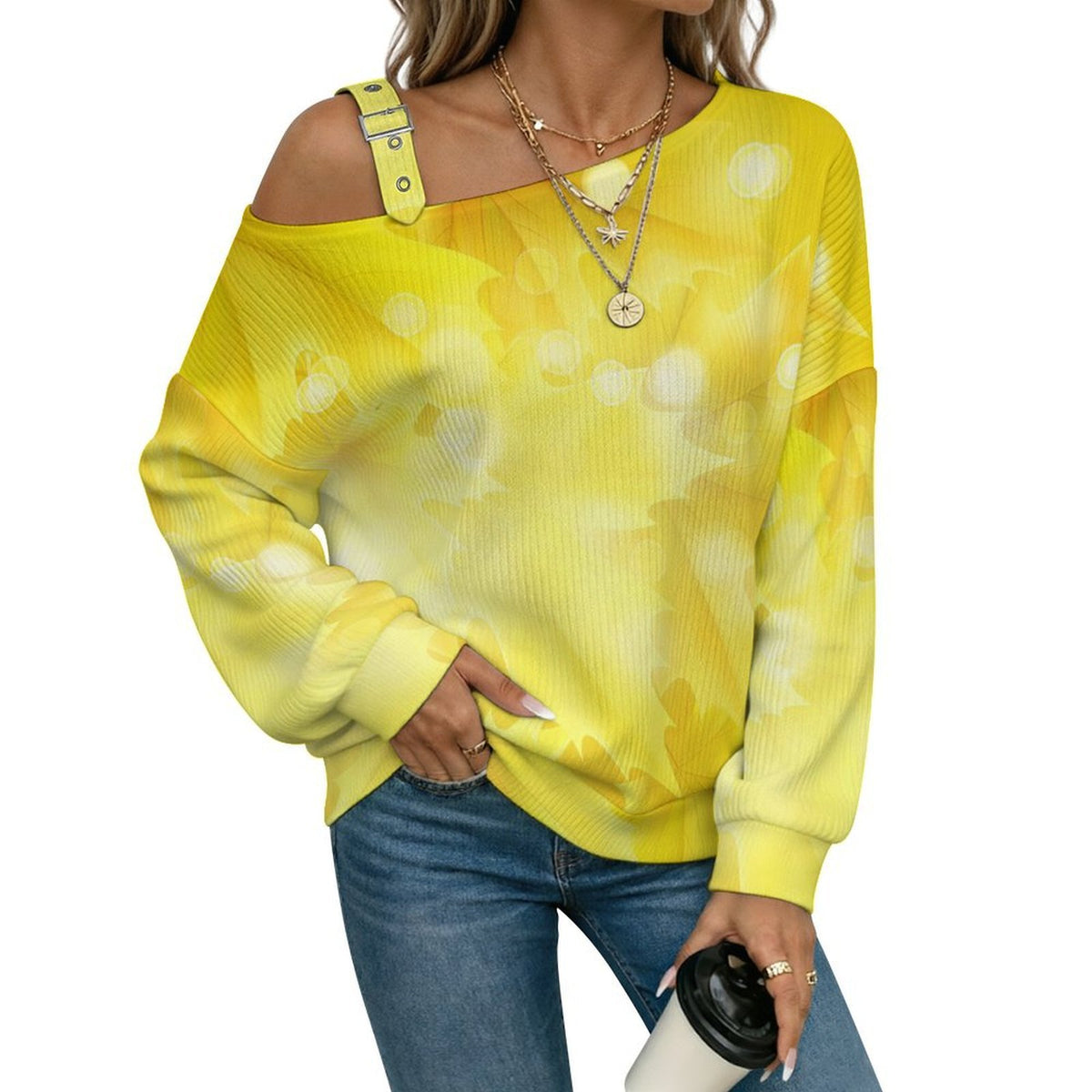 Off-the-shoulder Sweater Yellow Maple Leaf  Asymmetric Cold Shoulder Knit Sweater for Women, Adjustable Buckle Strap Long Sleeve Casual Slouchy Pullover