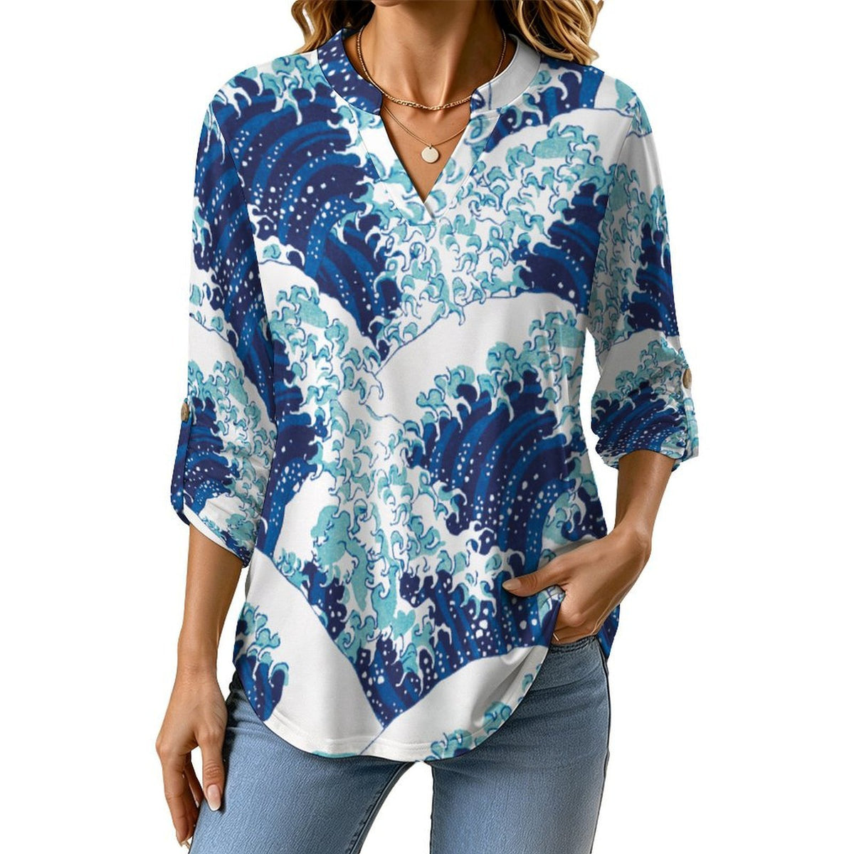 Chinese Wind, Wave  Women Curved Hem V Neck Roll Sleeve Casual Work Top