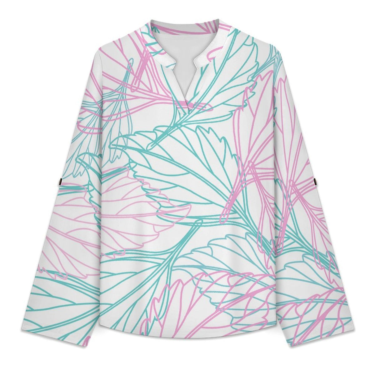 Colored Leaves  Versatile Notched V-Neck Tunic | Roll Tab 3/4 Sleeve Office Casual Top