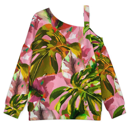 Pink, Green Marijuana Leaves Buckle Strap Asymmetrical Off Shoulder Knit Sweater