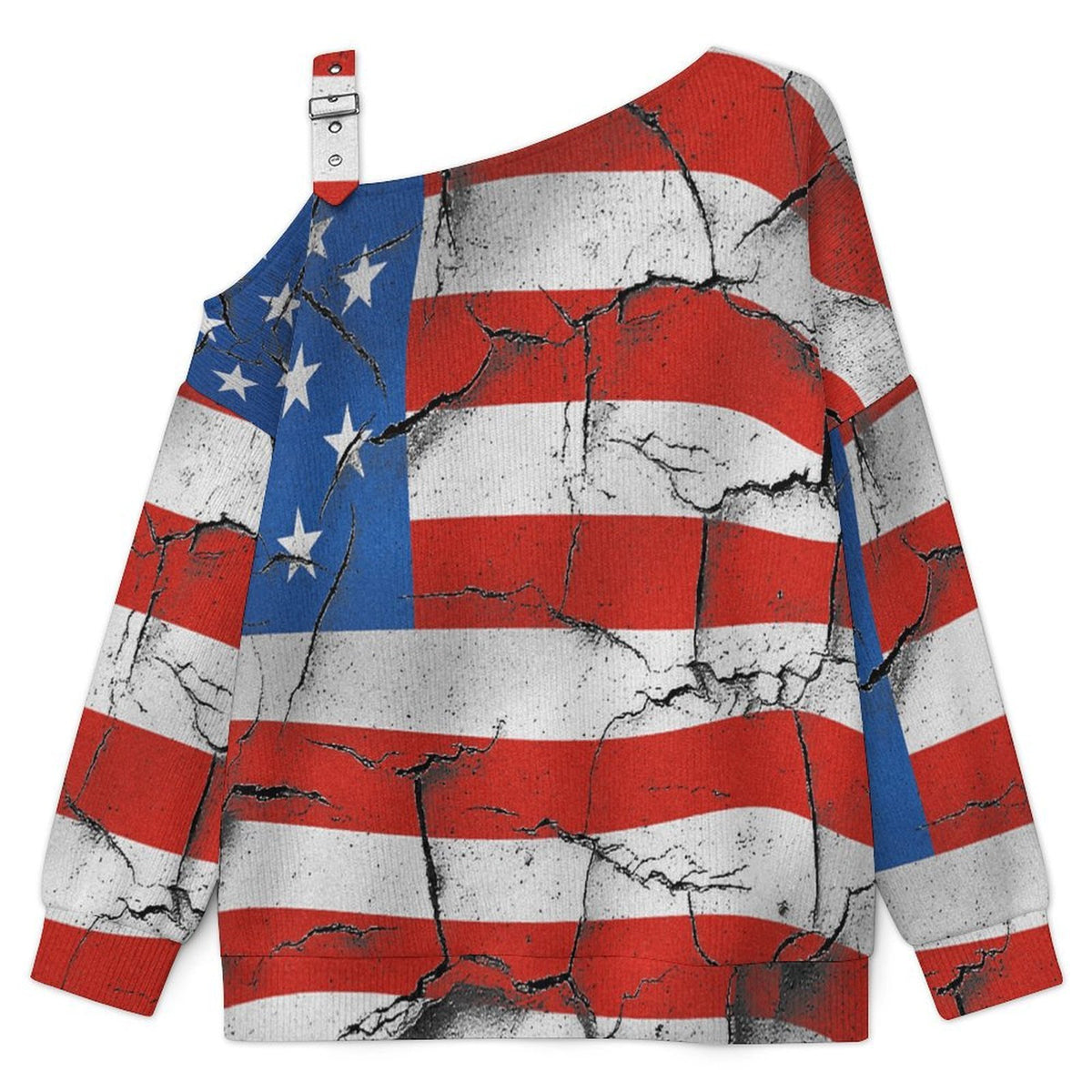 Women’s Off-Shoulder Knit Sweater American Flag, Damage, History