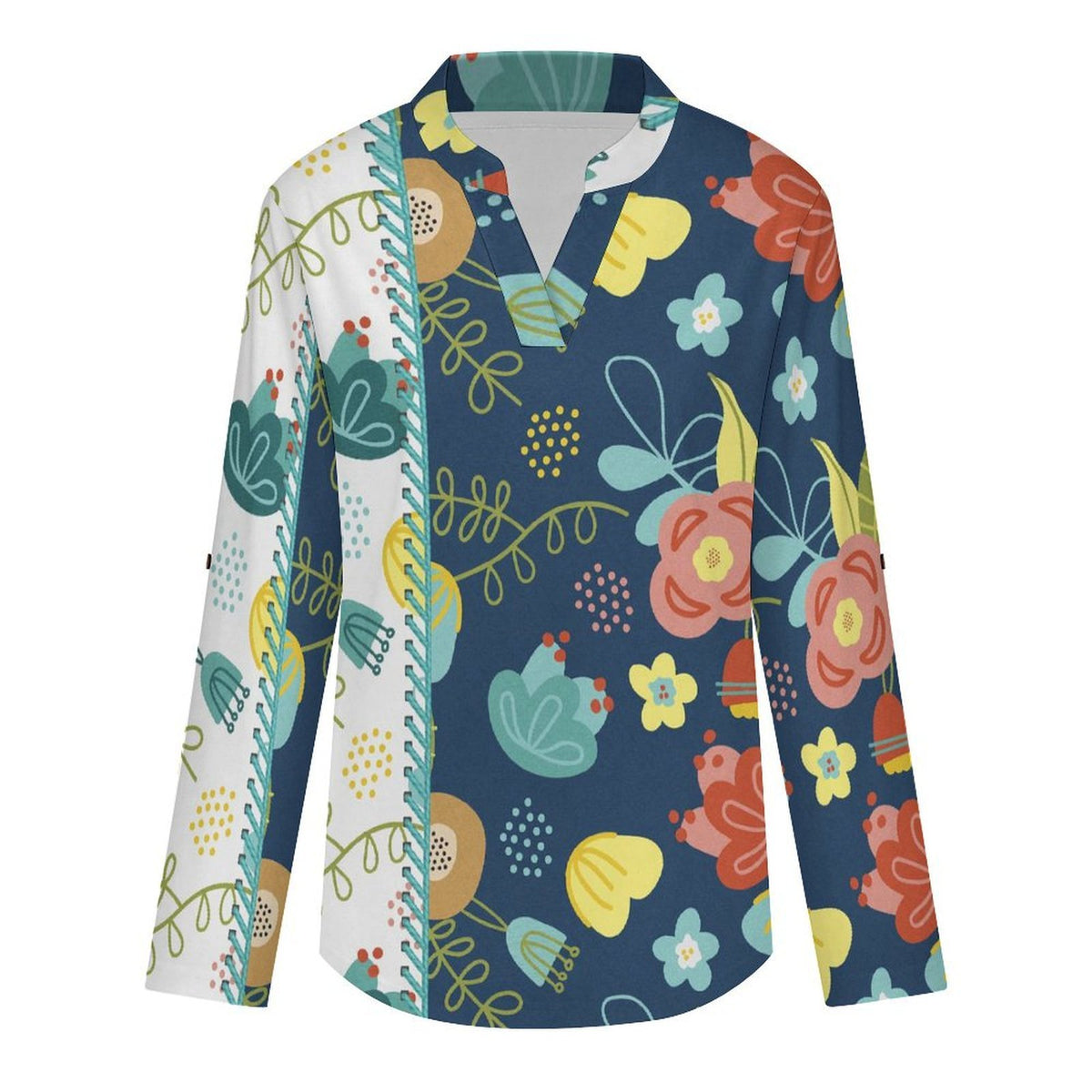 Two Color, Flower, Decoration  Versatile Notched V-Neck Tunic | Roll Tab 3/4 Sleeve Office Casual Top