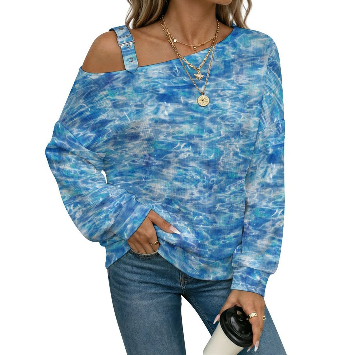 Fall Casual Asymmetric Shoulder Knit Top with Buckle Detail Blue Water Wave Pattern