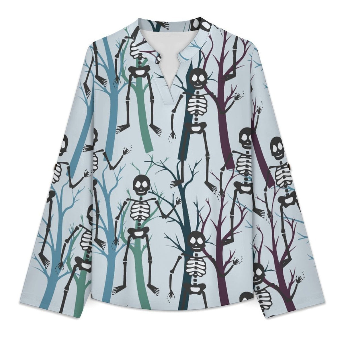 Women Curved Hem V Neck Roll Sleeve Casual Work Top  Skeletons, Woods, Forward