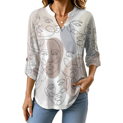 Character Line Design Roll Tab 3/4 Sleeve Notched V Neck Tunic Blouse