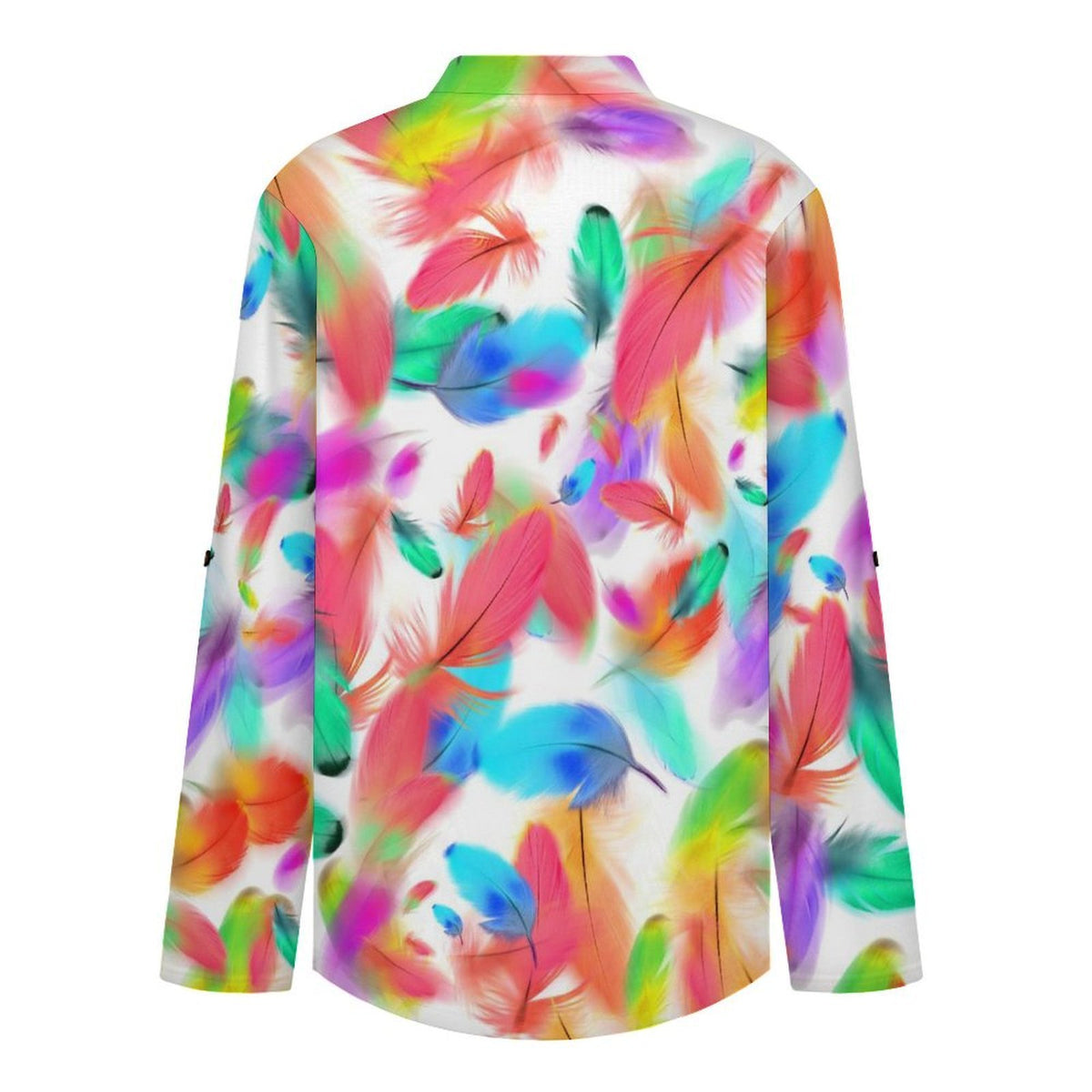 Colorful Feathers Roll Tab 3/4 Sleeve Notched V Neck Tunic Blouse