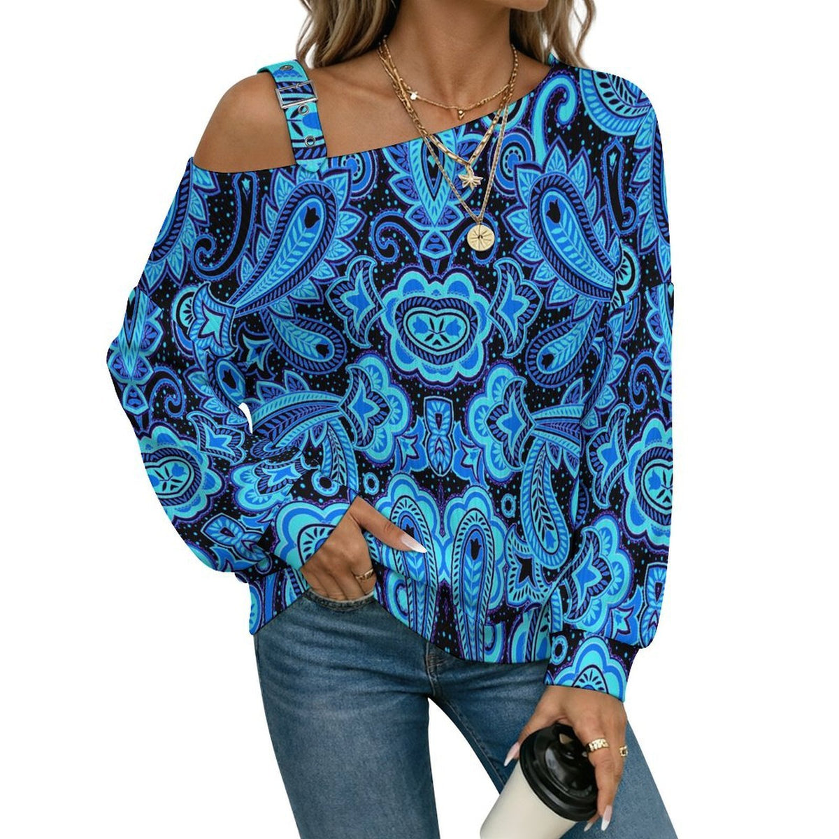 Fall Casual Asymmetric Shoulder Knit Top with Buckle Detail Paisley