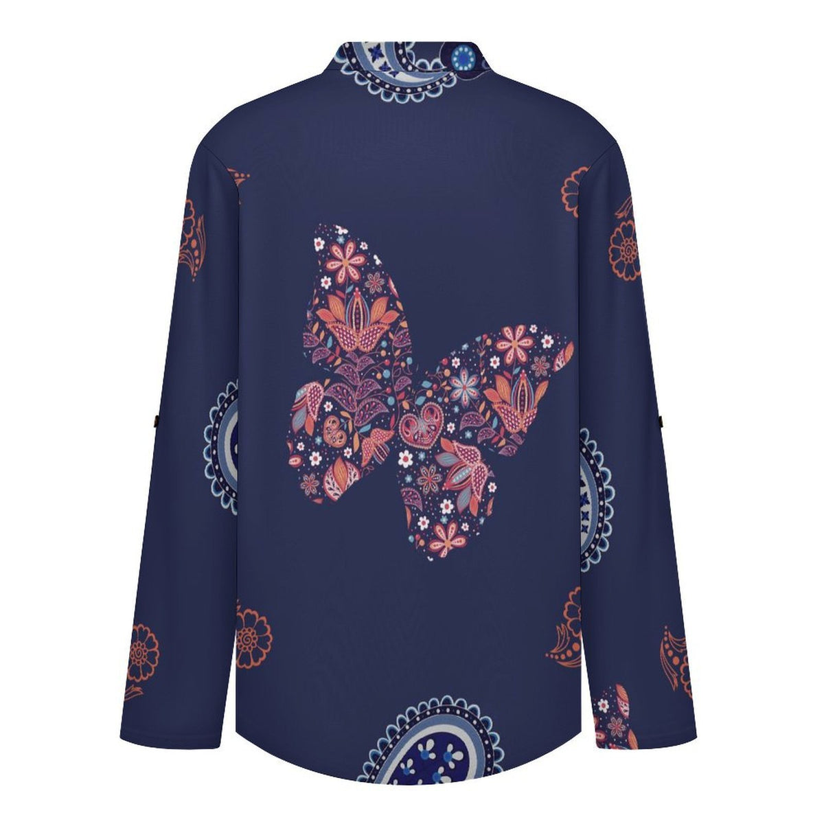 Women's Notched V Neck Tunic Tops, Roll Up 3/4 Sleeve Button Cuff Casual Blouse, Hem Loose Work Shirts  Paisley Texture Butterfly Repeat Tile Texture