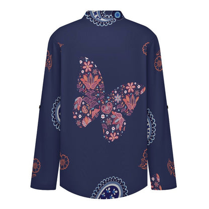 Women's Notched V Neck Tunic Tops, Roll Up 3/4 Sleeve Button Cuff Casual Blouse, Hem Loose Work Shirts  Paisley Texture Butterfly Repeat Tile Texture