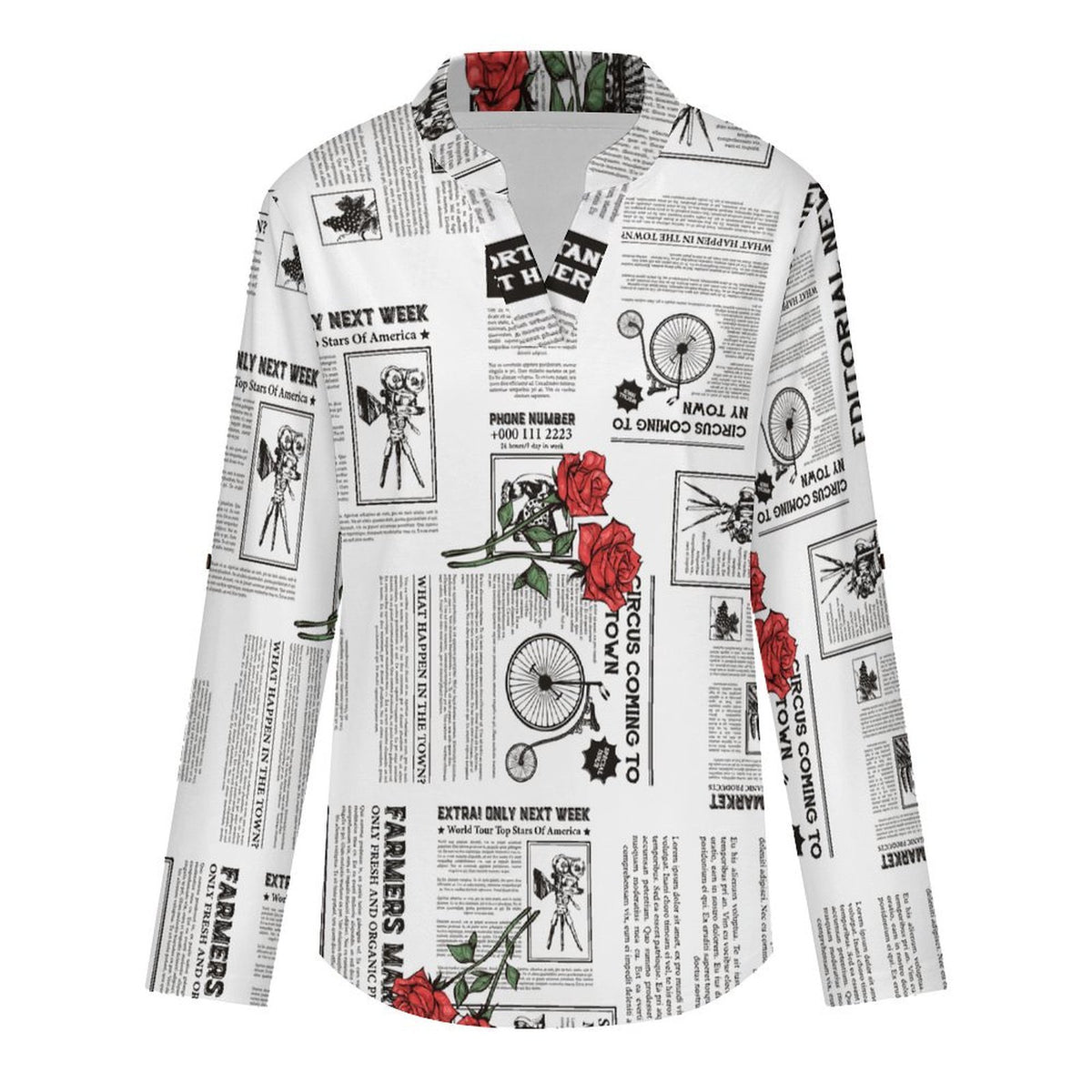 Versatile Notched V-Neck Tunic  Roll Tab 3/4 Sleeve Office Casual Top  Newspaper  Red Rose