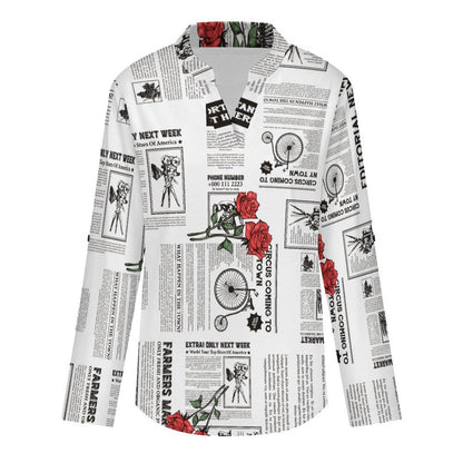 Versatile Notched V-Neck Tunic  Roll Tab 3/4 Sleeve Office Casual Top  Newspaper  Red Rose