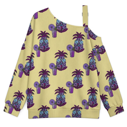 Purple Pineapple, Beverage, Pattern Buckle Strap Asymmetrical Off Shoulder Knit Sweater