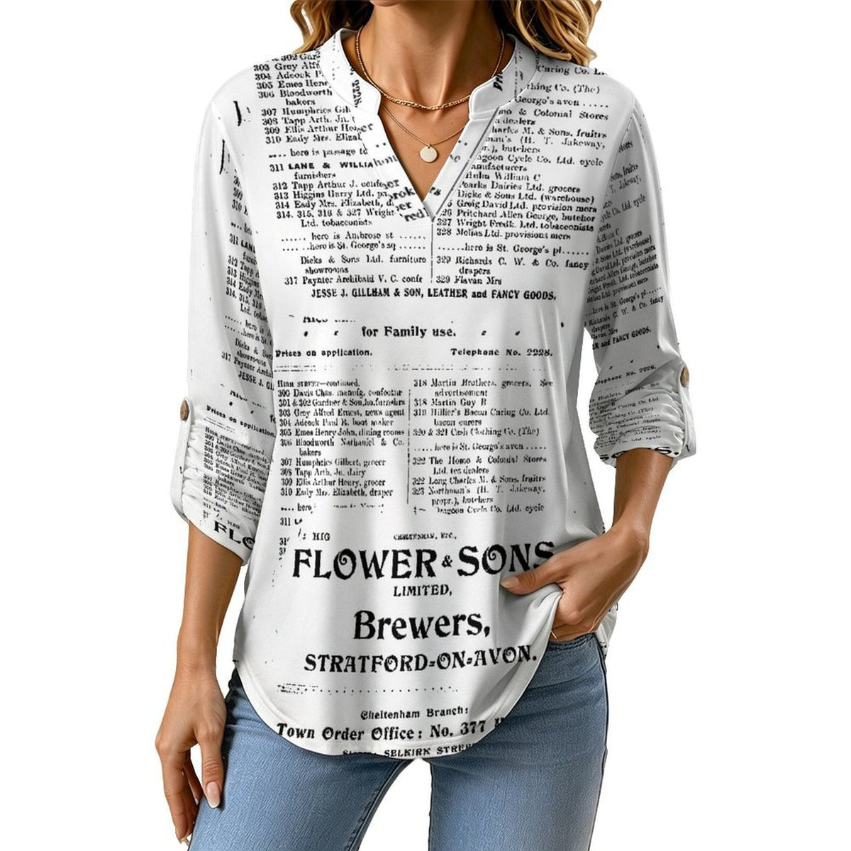 Stand-up Collar Long-sleeved Shirt Newspaper Vintage Dress white S Women’s V-Neck Blouses