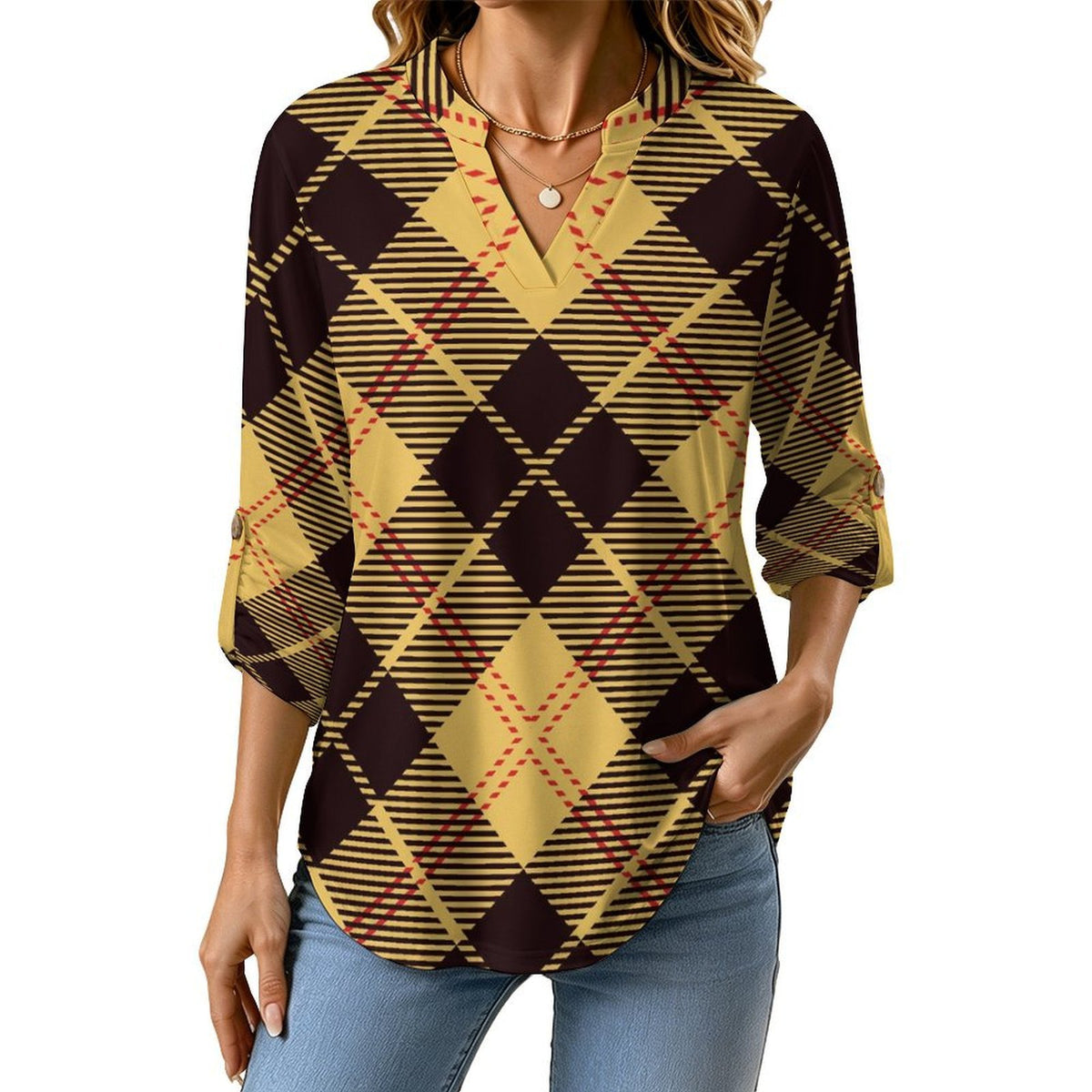 Versatile Notched V-Neck Tunic | Roll Tab 3/4 Sleeve Office Casual Top  Tartan Dresses Are Retro