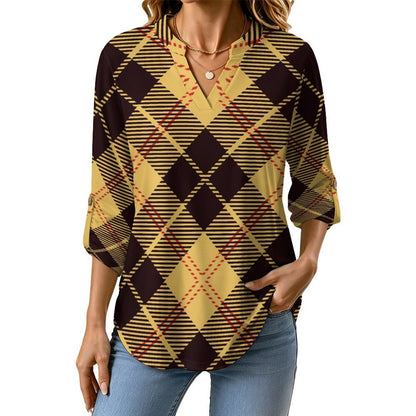 Versatile Notched V-Neck Tunic | Roll Tab 3/4 Sleeve Office Casual Top  Tartan Dresses Are Retro