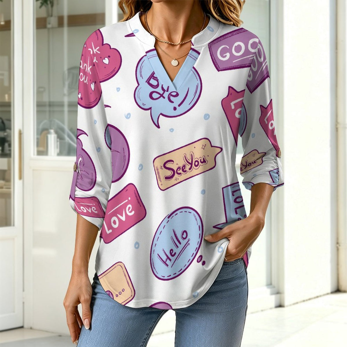 Women Curved Hem V Neck Roll Sleeve Casual Work Top  Cartoon, Pop, Pattern