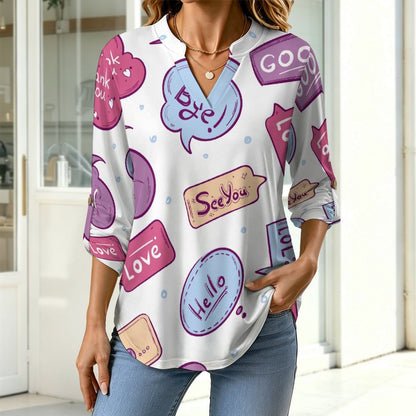 Women Curved Hem V Neck Roll Sleeve Casual Work Top  Cartoon, Pop, Pattern