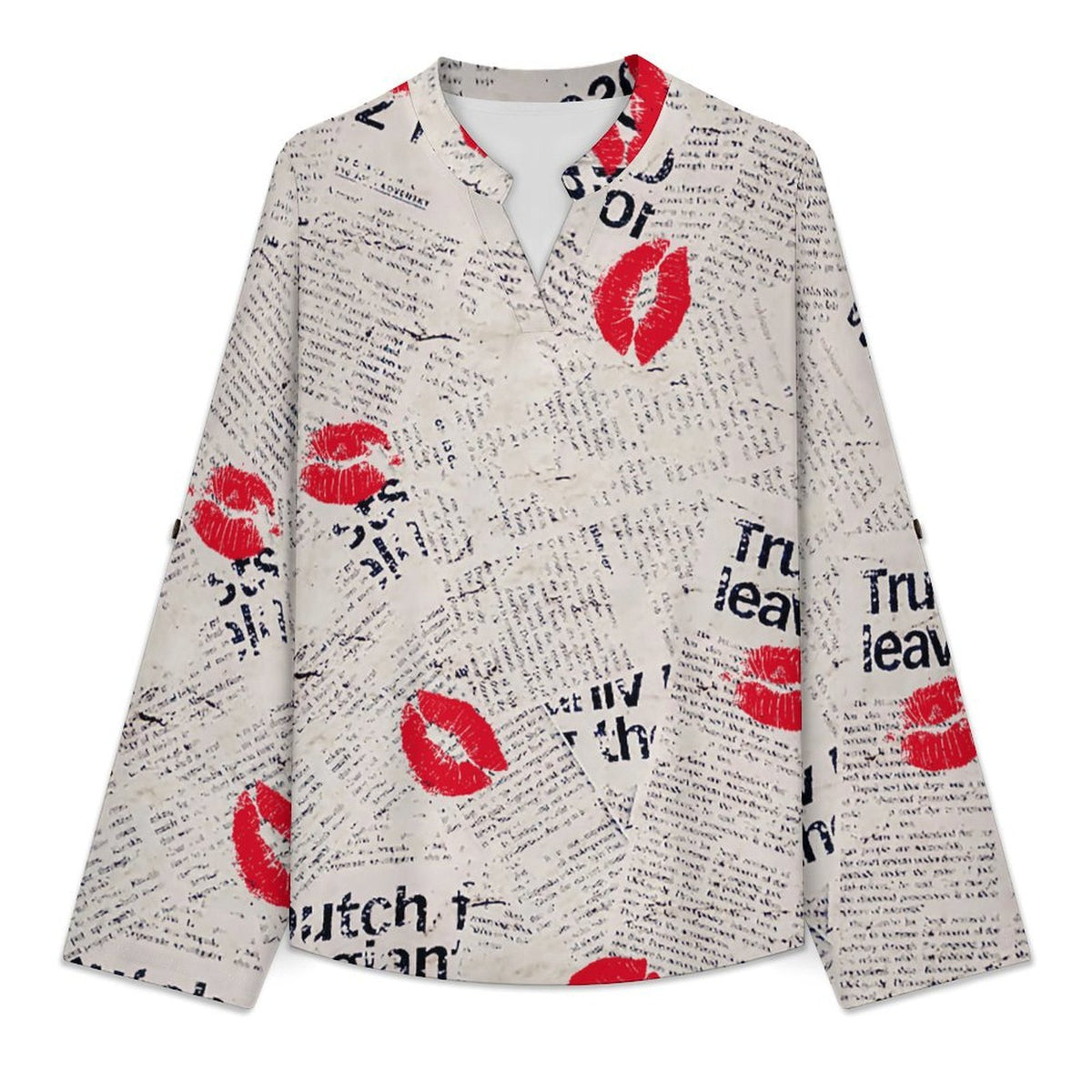 Versatile Notched V-Neck Tunic  Roll Tab 3/4 Sleeve Office Casual Top  Newspaper Red Lip Print Blue Letters