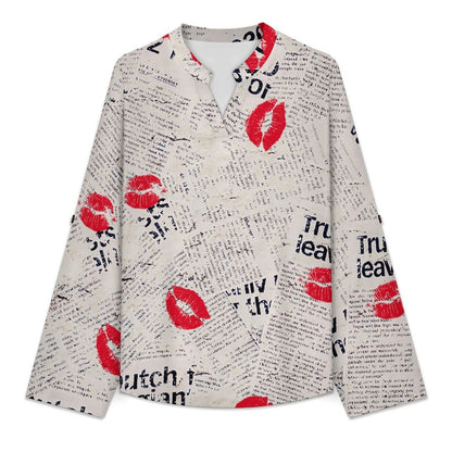 Versatile Notched V-Neck Tunic  Roll Tab 3/4 Sleeve Office Casual Top  Newspaper Red Lip Print Blue Letters