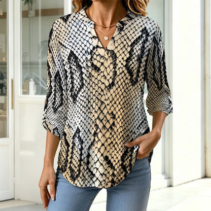 Versatile Notched V-Neck Tunic  Roll Tab 3/4 Sleeve Office Casual Top  Snakeskin Pattern, Repeating Pattern