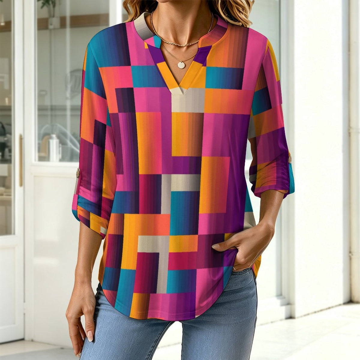 Colored Checkered Pattern  Women Curved Hem V Neck Roll Sleeve Casual Work Top