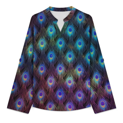 Peacock Feather Roll Tab 3/4 Sleeve Notched V Neck Tunic Blouse