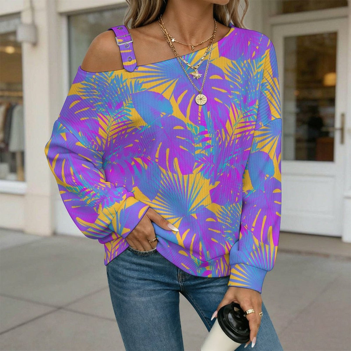 Women’s Off-Shoulder Knit Sweater Plant Summer